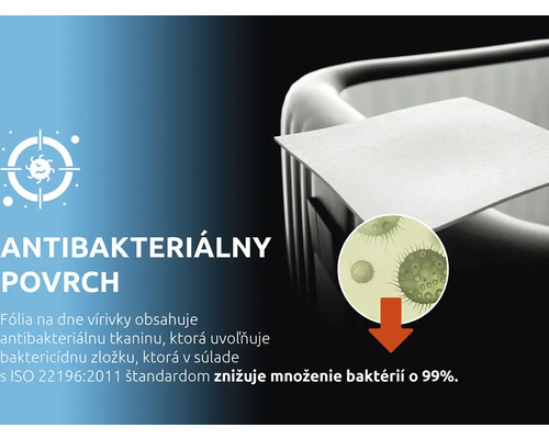 Antibakteriálny povrch vírivky znižuje množenie baktérií o 99 percent podľa normy ISO 22196:2011.