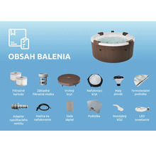 Obsah balenia nafukovacej vírivky: filtračné kartuše, kryty, termoizolačná podložka, podložka pod vírivku, osvetlenie a montážne príslušenstvo.