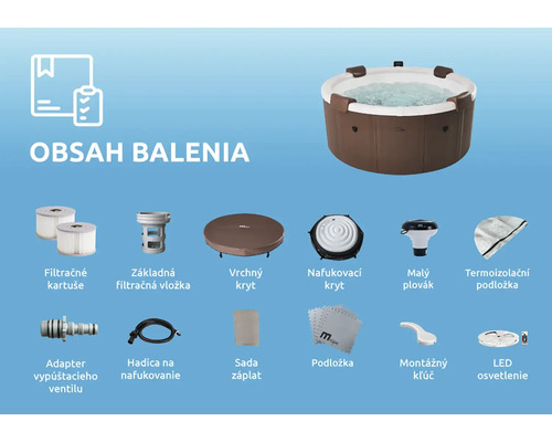Obsah balenia nafukovacej vírivky: filtračné kartuše, kryty, termoizolačná podložka, podložka pod vírivku, osvetlenie a montážne príslušenstvo.