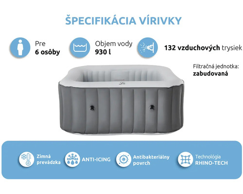 Nafukovacia vírivka pre 6 osôb s objemom 930 litrov, 132 vzduchovými tryskami, vstavanou filtračnou jednotkou a zimnou prevádzkou.