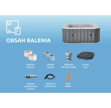 Obsah balenia nafukovacej virivky s filtracnymi kartusami, navlekmi, vlozkou filtra, krytom, adapterom ventilu, hadicou a sadou zaplat.