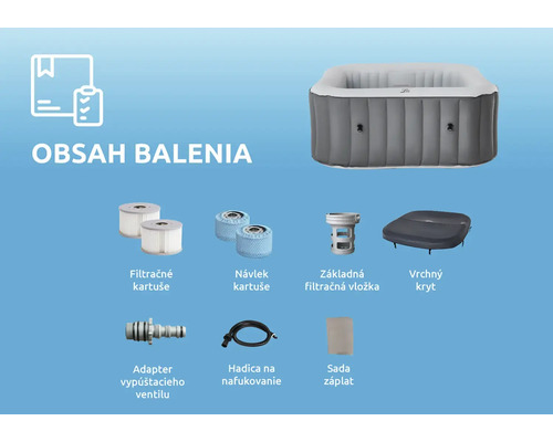 Obsah balenia nafukovacej virivky s filtracnymi kartusami, navlekmi, vlozkou filtra, krytom, adapterom ventilu, hadicou a sadou zaplat.