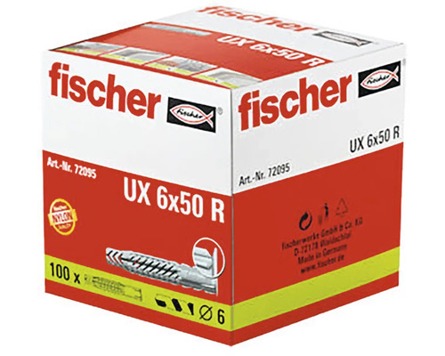 Univerzálna hmoždinka fischer UX 6 krát 50 R z nylonu, balenie 100 kusov, priemer 6 milimetrov, fischer Logo.