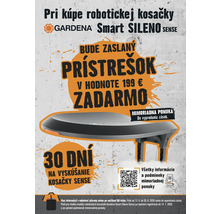 Akčný plagát na robotickú kosačku Gardena Smart SILENO sense s prístreškom zadarmo v hodnote 199 eur a 30 dňovou skúšobnou dobou a Gardena Logo.