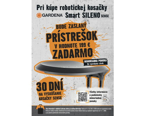 Akčný plagát na robotickú kosačku Gardena Smart SILENO sense s prístreškom zadarmo v hodnote 199 eur a 30 dňovou skúšobnou dobou a Gardena Logo.