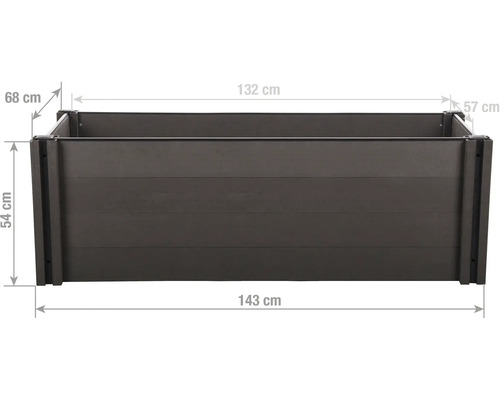 Vyvýšený záhon z plastu: výška 54 centimetrov, šírka 143 centimetrov, hĺbka 68 centimetrov. Vnútorné rozmery 132 na 57 centimetrov.