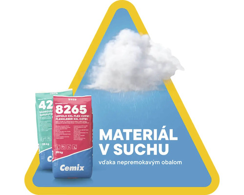 Dva 25 kilogramové vrecia stavebných materiálov Cemix s Cemix Logo vo vodovzdornom obale chrániacom pred dažďom.