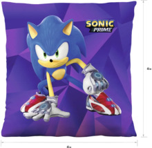 Štvorcový dekoratívny vankúš Sonic Prime s motívom Sonic, 45 krát 45 centimetrov.
