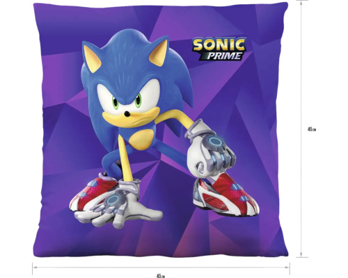 Štvorcový dekoratívny vankúš Sonic Prime s motívom Sonic, 45 krát 45 centimetrov.