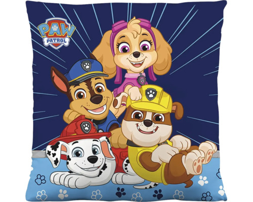 Štvorcový dekoratívny vankúš s Paw Patrol Logo a postavami Chase, Skye, Rubble a Marshall.