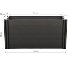 Antracitový vyvýšený záhon s rozmermi: dĺžka 143 centimetrov, šírka 68 centimetrov, výška 80 centimetrov.
