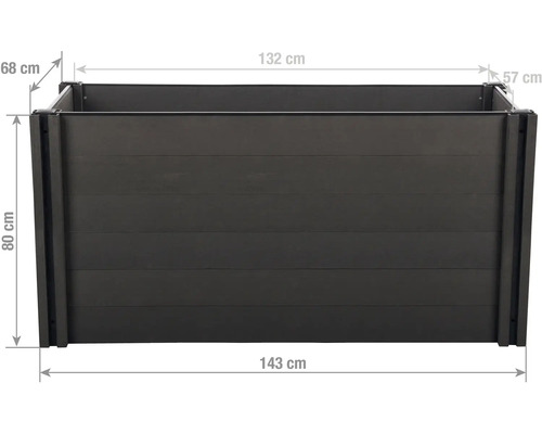 Antracitový vyvýšený záhon s rozmermi: dĺžka 143 centimetrov, šírka 68 centimetrov, výška 80 centimetrov.