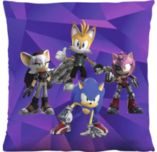Štvorcový vankúš s postavami Sonic the Hedgehog, Tails, Amy Rose a Rouge zo Sonic Prime na fialovom geometrickom pozadí.