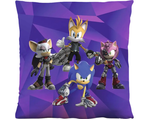 Štvorcový vankúš s postavami Sonic the Hedgehog, Tails, Amy Rose a Rouge zo Sonic Prime na fialovom geometrickom pozadí.
