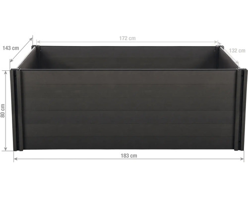 Plastový vyvýšený záhon s rozmermi: šírka 183 centimetrov, hĺbka 143 centimetrov, výška 80 centimetrov.