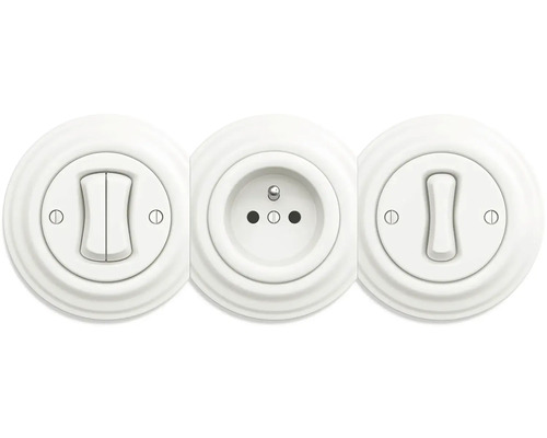 Kombinácia okrúhleho bieleho dvojitého spínača, švajčiarskej zásuvky typu J a jednoduchého spínača v retro dizajne.