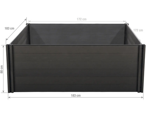 Vyvýšený záhon z plastu v antracitovej farbe, šírka 183 centimetrov, hĺbka 172 centimetrov a výška 80 centimetrov.
