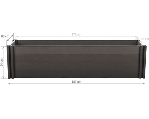 Obdĺžnikový vyvýšený záhon s rozmermi: šírka 183 centimetrov, hĺbka 68 centimetrov a výška 54 centimetrov.
