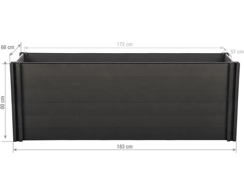 Vyvýšený záhon z plastu s rozmermi: šírka 183 centimetrov, výška 80 centimetrov, hĺbka 68 centimetrov.