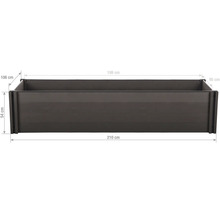 Plastový vyvýšený záhon v antracitovej farbe s rozmermi: dĺžka 210 centimetrov, šírka 106 centimetrov, výška 54 centimetrov.