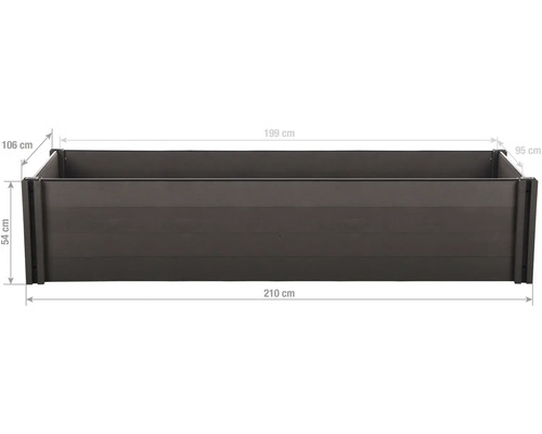 Plastový vyvýšený záhon v antracitovej farbe s rozmermi: dĺžka 210 centimetrov, šírka 106 centimetrov, výška 54 centimetrov.