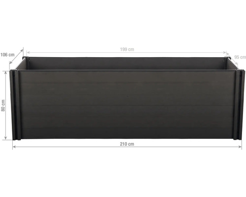 Tmavosivý vyvýšený záhon z WPC s rozmermi: šírka 210 centimetrov, výška 80 centimetrov, hĺbka 106 centimetrov.