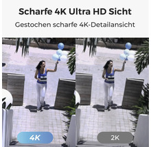Porovnanie ostrosti obrazu medzi rozlíšením 4K Ultra HD a 2K na zábere osoby vo vonkajšom priestore.