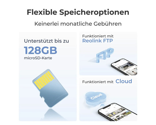 Flexibilné možnosti ukladania bez mesačných poplatkov: podporuje až 128 Gigabyte microSD kartu, Reolink FTP a cloudové úložisko.
