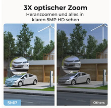 Porovnanie obrazu bezpečnostnej kamery s trojnásobným optickým zoomom a rozlíšením 5 megapixelov u auta oproti bežnej kvalite.