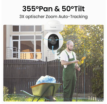 Bezpečnostná kamera Reolink, otáčanie 355 stupňov, nakláňanie 50 stupňov, trojnásobný optický zoom a automatické sledovanie osoby v záhrade.
