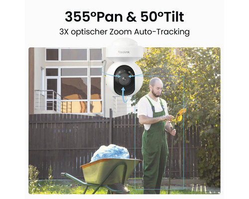 Bezpečnostná kamera Reolink, otáčanie 355 stupňov, nakláňanie 50 stupňov, trojnásobný optický zoom a automatické sledovanie osoby v záhrade.