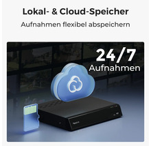 Sieťový videorekordér Reolink s ikonami pre lokálne ukladanie na pamäťovú kartu a cloudové úložisko pre záznam dvadsaťštyri hodín denne.
