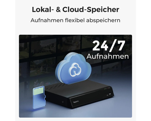 Sieťový videorekordér Reolink s ikonami pre lokálne ukladanie na pamäťovú kartu a cloudové úložisko pre záznam dvadsaťštyri hodín denne.