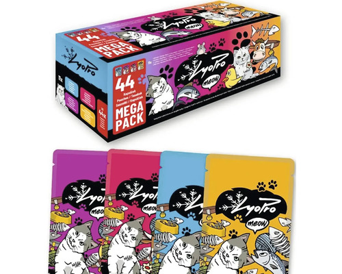 Krmivo pre mačky LyoPro meow Mega Pack so 44 kapsičkami rôznych druhov.