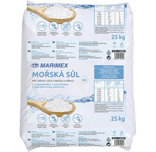 Morská soľ Marimex pre bazény a vírivky, granulovaná, prírodná kvalita, antibakteriálna a rýchlo rozpustná, vrece s hmotnosťou asi 25 kilogramov.