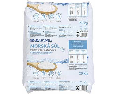 Morská soľ Marimex pre bazény a vírivky, granulovaná, prírodná kvalita, antibakteriálna a rýchlo rozpustná, vrece s hmotnosťou asi 25 kilogramov.