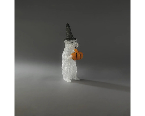Halloweenska dekoratívna figúrka myši s čarodejníckym klobúkom a tekvicou z akrylu.