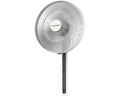 Biely stojanový ventilátor Rohnson Natural Breezer z plastu s digitálnym displejom a dotykovým ovládacím panelom.