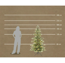 Umelý vianočný stromček s osvetlením v porovnaní veľkosti s ľudskou siluetou, výška 155 centimetrov.