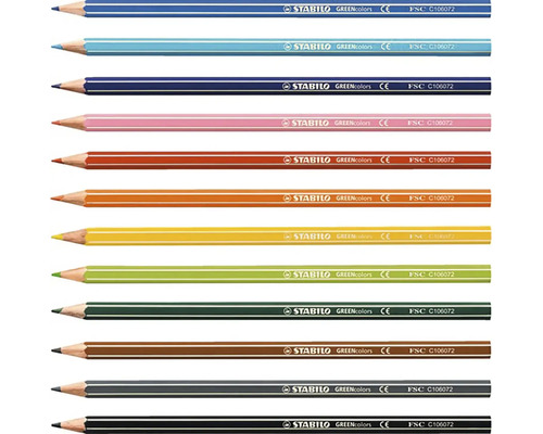 Sada dvanastich farebnych ceruziek Stabilo GREENcolors z FSC certifikovaneho dreva s bielymi pruhmi.