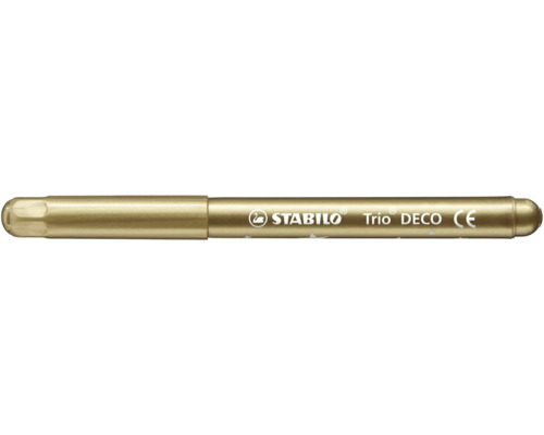Fixka Stabilo Trio DECO v zlatej metalíze s motívom hviezd, ergonomickým trojhranným tvarom a označením CE.