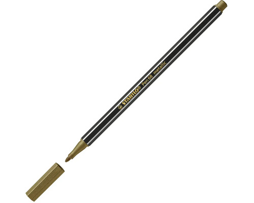Prémiová fixka Stabilo Pen 68 metallic v zlatej farbe s odobratým uzáverom.