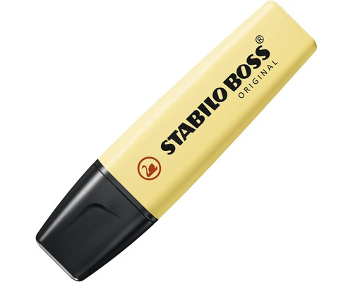 Zvýrazňovač Stabilo Boss Original v pastelovo žltej farbe s čiernym vrchnákom.