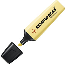 Zvýrazňovač Stabilo Boss Original v pastelovej žltej farbe s odstráneným uzáverom a klinovým hrotom.