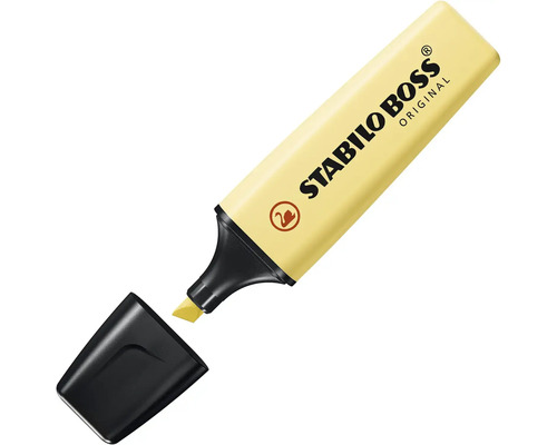 Zvýrazňovač Stabilo Boss Original v pastelovej žltej farbe s odstráneným uzáverom a klinovým hrotom.