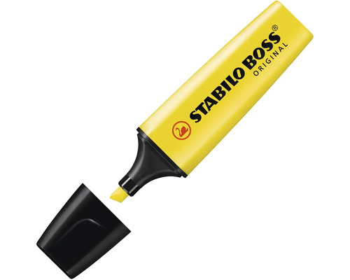Žltý zvýrazňovač Stabilo Boss Original s otvoreným vrchnákom.
