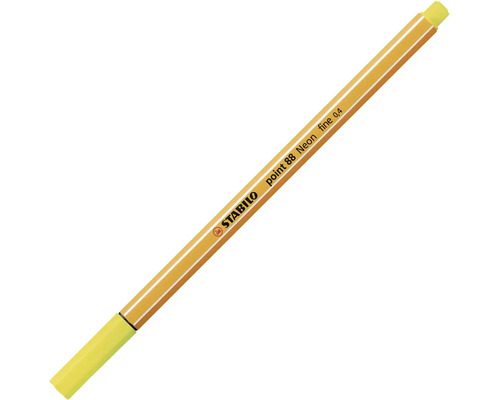 Liner Stabilo Point 88 Neon v neónovo žltej farbe s hrúbkou čiary 0,4 milimetra, šesťhranné telo s bielymi prúžkami.