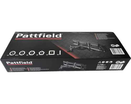 Presná pokosová píla Pattfield 550 mm v obale s uhlami od 15 do 90 stupňov a pečaťou pre overenú bezpečnosť.