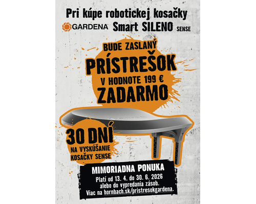 Gardena Logo. Reklamný banner na robotickú kosačku Smart SILENO SENSE s prístreškom zadarmo a 30 dňami na vyskúšanie.