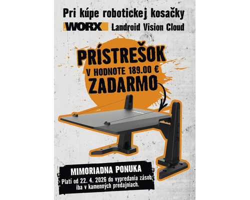 Worx Logo. Prístrešok v hodnote 189 eur zadarmo k robotickej kosačke Landroid Vision Cloud. Ponuka v predajniach od 22. apríla 2026.